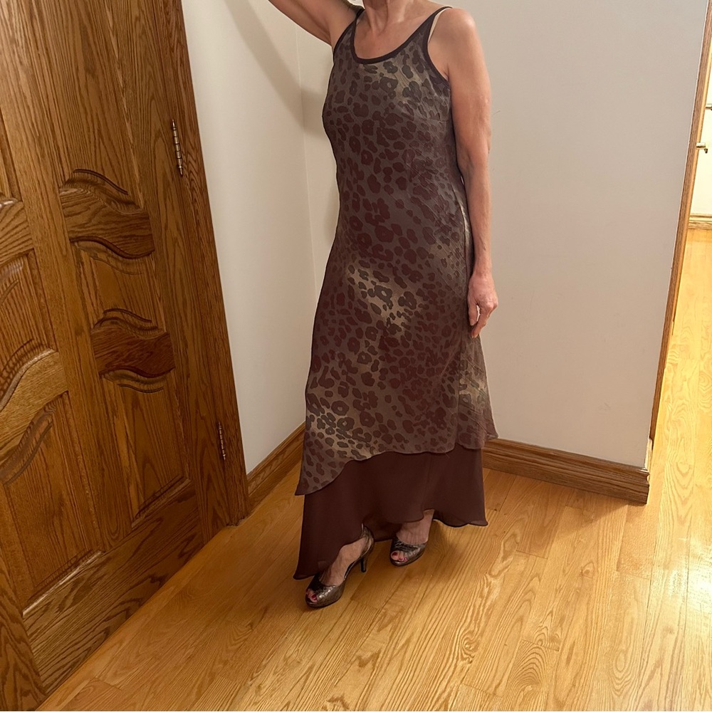 Vintage 90s Y2K Algo Leopard Long Slip Dress Cowl Neck Chiffon Sheer Mesh Fitted